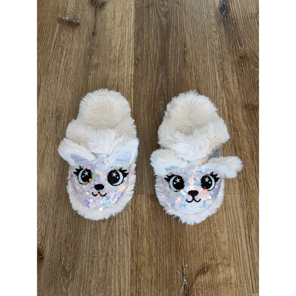 Whimsygoth Llama Sequin Faux Fur Slippers Kids M 12/13 Ivory White Loungewear
